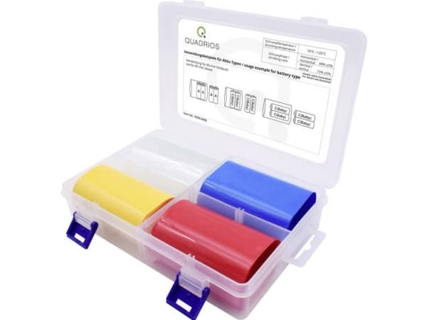 Quadrios 1905CA058 Batteri-krympeslange uden lim Transparent, Blå , Gul, Rød 54 mm 28 mm Krympningshastighed:2:1 4 Teile