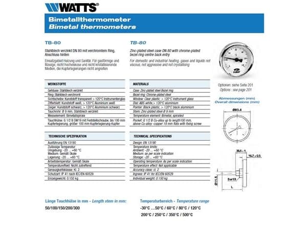 Csslr Plus-termometer TB-80, ½ x 100mm bakåtriktad anslutning Ø80X100MM 0-120° Klass 2