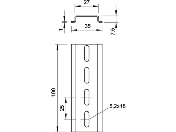 OBO Bettermann 2069 L 2M FS DIN-kisko rei'itetty Teräs 2000 mm 1 kpl