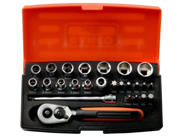 Bahco Pipenøkkelsett, 1/4", 25 deler, metrisk, Støpselsett, 1/4", Metrisk, 12 hoder, 4,4.5,5,5.5,6,7,8,9,10,11,12,13 mm, Stål