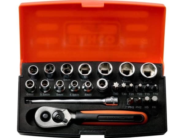 Bahco Pipenøkkelsett, 1/4", 25 deler, metrisk, Støpselsett, 1/4", Metrisk, 12 hoder, 4,4.5,5,5.5,6,7,8,9,10,11,12,13 mm, Stål