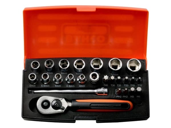 Bahco Pipenøkkelsett, 1/4", 25 deler, metrisk, Støpselsett, 1/4", Metrisk, 12 hoder, 4,4.5,5,5.5,6,7,8,9,10,11,12,13 mm, Stål