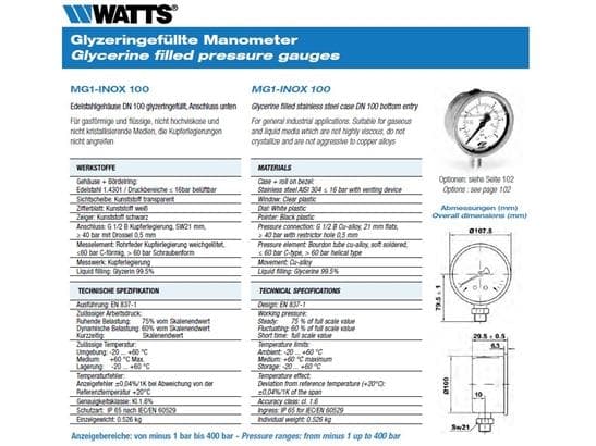 Csslr Plus glycerinfyldt manometer Ø100 x ½" lodret tilslutning, RF stål. Type MG1-INOX 100. Klasse 1,6