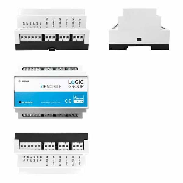 LOGIC GROUP Z-Wave-pohjainen moduuli, jossa on 6 relelähtöä ja 6 pulssituloa, asennettavaksi vakiomalliseen M36 DIN-kiskoon (EN50022).