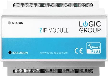 LOGIC GROUP Z-Wave-pohjainen moduuli, jossa on 6 relelähtöä ja 6 pulssituloa, asennettavaksi vakiomalliseen M36 DIN-kiskoon (EN50022).