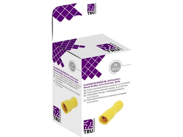 TRU COMPONENTS T1904C119 Litteät liittimet valikoima Liittimen leveys: 6,30 mm Liittimen paksuus: 0,80 mm 180° Täysin eristetty Keltainen 15 kpl