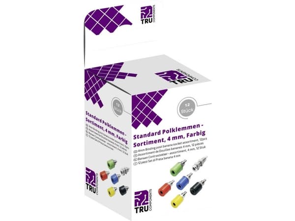 TRU COMPONENTS Laboratoriestik sortiment Tilslutning, indbygning lodret Blå , Gul, Grøn, Sort, Rød, Sølv 12 Teile