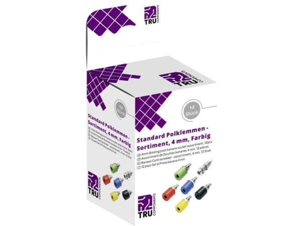 TRU COMPONENTS Laboratoriestik sortiment Tilslutning, indbygning lodret Blå , Gul, Grøn, Sort, Rød, Sølv 12 Teile