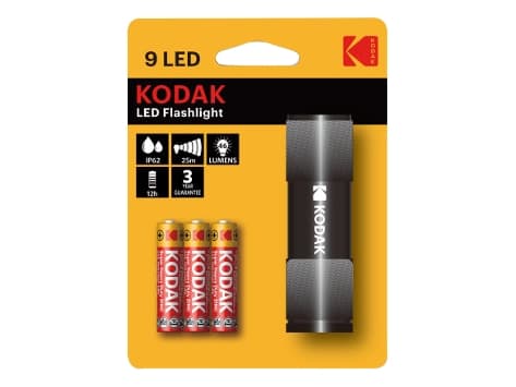 Kodak 9 LED, Käsikokoinen taskulamppu, Musta, Alumiini, IP62, -10 - 60 °C, LED