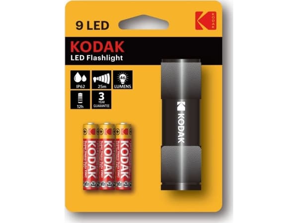 Kodak 9 LED, Käsikokoinen taskulamppu, Musta, Alumiini, IP62, -10 - 60 °C, LED