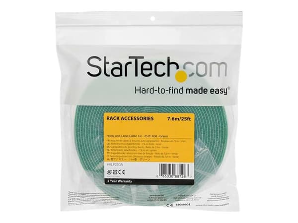 StarTech.com 25ft Hook and Loop Roll, Cut-to-Size Reusable Cable Ties, Bulk Industrial Wire Fastener Tape / Adjustable Fabric Wraps Green / Resuable