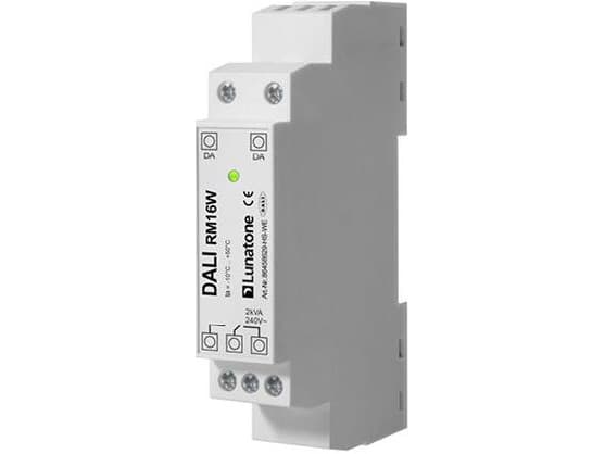 DALI-relämodul med 16 ampere strömbrytare. För på/av-styrning av ljuskällor eller 230V elektriska apparater. Monteras på DIN-skena.
