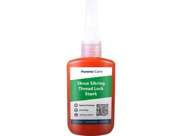 PURENO Skrue sikring stærk 50ml. Produktet er udviklet til vibrationer på gevindfastgørelser, som møtrikker, studser og bolte,strong