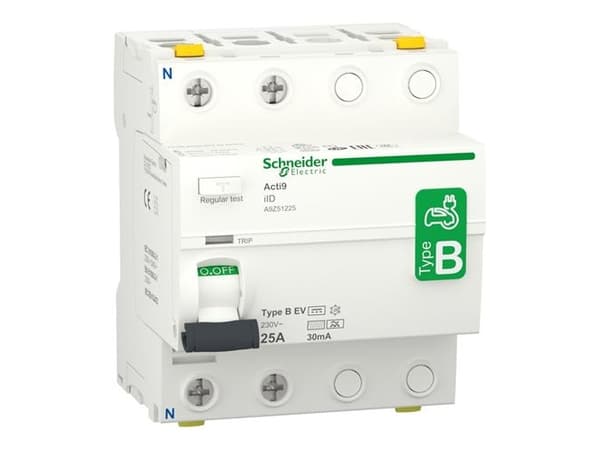 SCHNEIDER ELECTRIC RCCB HPFI -katkaisija 2P 25A 30mA luokka B, erityisesti suunniteltu EV-sähköajoneuvon laturiin AC/DC