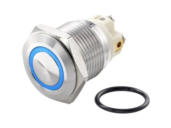 TRU COMPONENTS TC-7494696 TC-GQ16F-10E/L/B/12V/S Ilkivallankestävä painonappikytkin 48 V/DC 2 A 1 x Pois päältä/(Päälle) Hetkellinen Sininen IP65 1 k