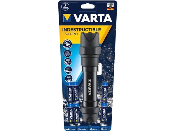 Varta INDESTRUCTIBLE F30 PRO, Käsikokoinen taskulamppu, Musta, Alumiini, 9 m, IP67, LED
