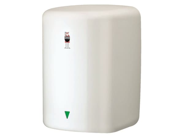DAN DRYER Turbo Low Noise -käsikuivain (346) valkoiseksi maalattua terästä, kosketusvapaa. Kuivausaika 10-15 sekuntia, 700-1400 W, mitat 287x205x180
