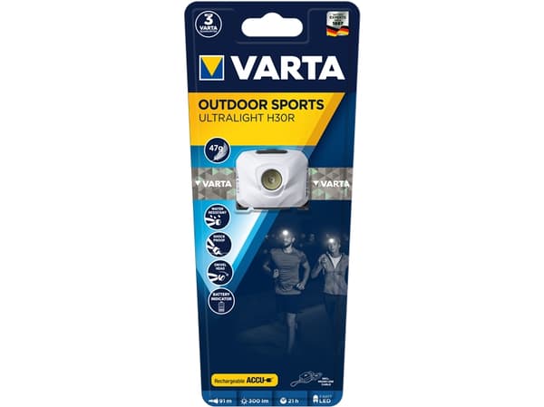Varta ULTRALIGHT H30R, Taskulamppu otsanauhalla, Valkoinen, IPX4, Lataus, LED, 3 W