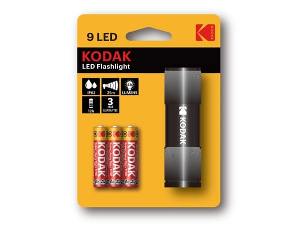 Kodak 9 LED, Käsikokoinen taskulamppu, Musta, Alumiini, IP62, -10 - 60 °C, LED musta