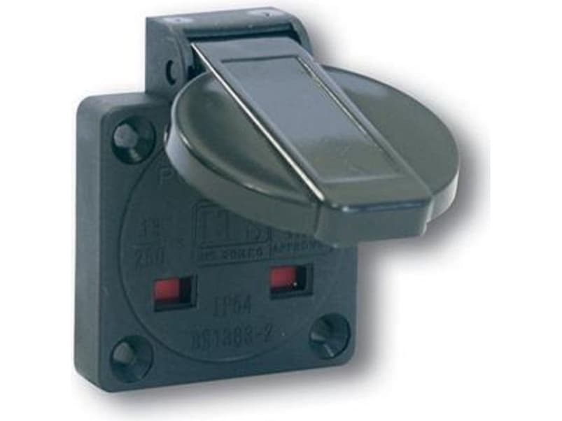 PCE British panel socket 13A 2P + Z 64 x 64 black IP44 (1020-0S)