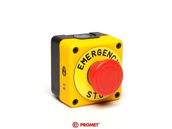 Svart-gul kontrollboks, sikkerhetsstopp, forriglet 40 mm (1NC) med beskrivelsesskilt Nødstopp, T0-P1EC400E40K