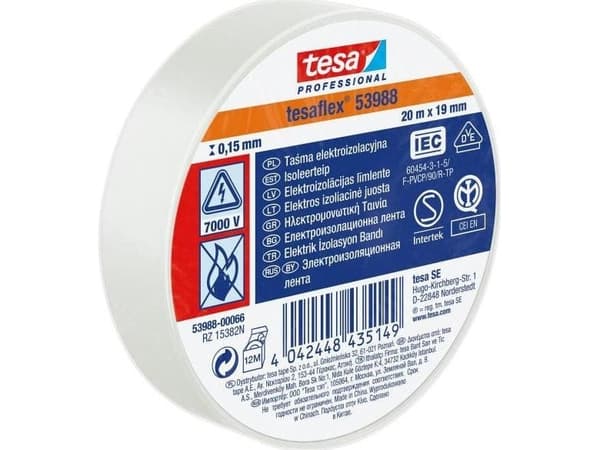 Tesa Elektrisk isolasjonstape 5000V PVC 20m 19mm hvit 53988-00066-00