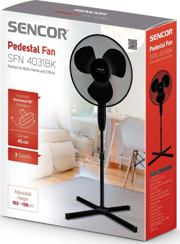 Sencor SFN 4031BK, Kotitaloustuuletin lavoilla, Musta, Lattia, 54 dB, 40 cm, 3559,2 m³/h