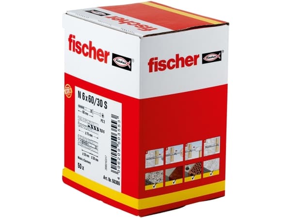 Fischer 50355, Kit med skruv och väggplugg, Tegel, Betong, Pozidriv, PZ2, 60 mm, 6 mm