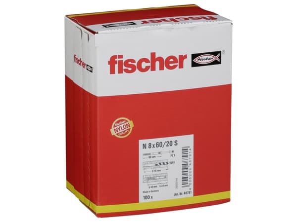 Fischer N 8 x 60/20 S, Skrue- og veggpluggsett, Betong, Grå, Pozidriv, PZ3, 8 mm