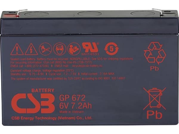 CSB Battery GP 672 Standby USV Blybatteri 6 V 7.2 Ah Blyfleece (B x H x T) 151 x 101 x 34 mm Fladstik 4,8 mm, Fladstik 6,35 mm Vedligeholdelsesfri, L