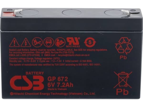 CSB Battery GP 672 Standby USV Blybatteri 6 V 7.2 Ah Blyfleece (B x H x T) 151 x 101 x 34 mm Fladstik 4,8 mm, Fladstik 6,35 mm Vedligeholdelsesfri, L