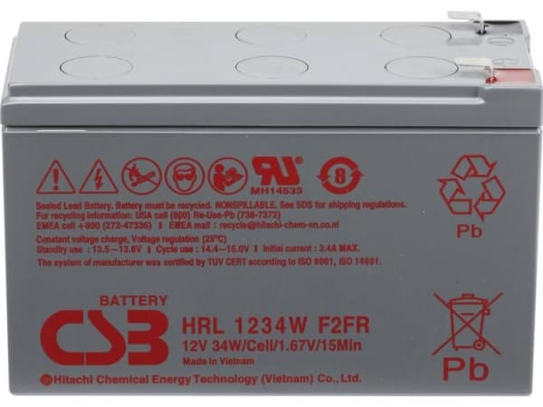CSB Battery HRL 1234W high-rate longlife HRL1234WF2-FR Blybatteri 12 V 8.5 Ah Blyfleece (B x H x T) 151 x 94 x 65 mm Fladstik 6,35 mm Vedligeholdelse