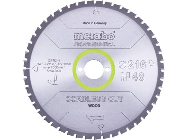 Metabo Cordless Cut Wood 628445000 Cirkelsågsblad 216 x 30 x 1,2 mm Antal tänder (per tum): 48 1 st