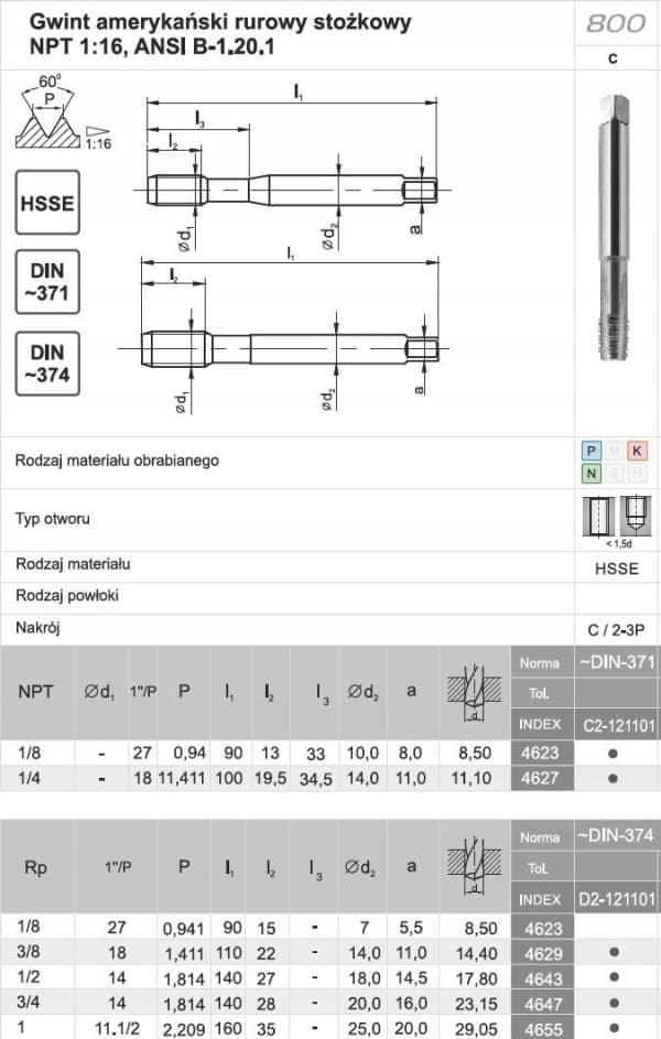 Fanar NPT-kierteitin 3/4"-14 DIN-374C HSSE 800