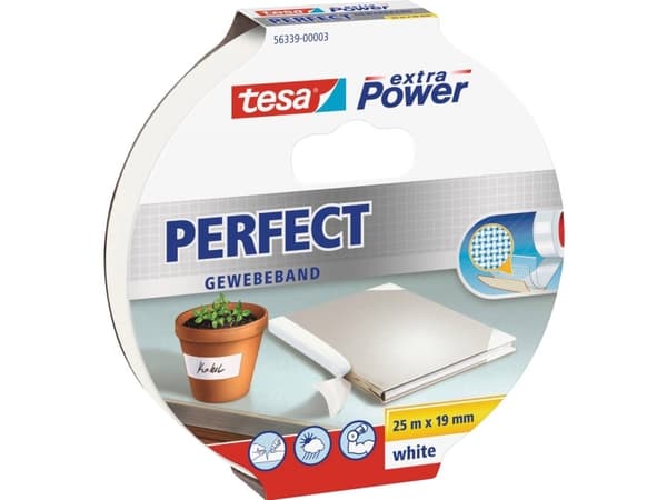Tesa extra Power Perfect - Tekstiltape - 19 mm x 25 m - hvit