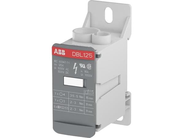 TE CONNECTIVITY Fördelningsblock 125A, 1000V AC / 1500V DC, 8 anslutningar - 1x1035 mm² och 7x2,516 mm², bredd 28,2 mm