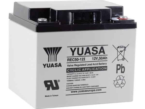 Yuasa REC50-12 Blybatteri 12 V 50 Ah Blyfleece (B x H x T) 197 x 175 x 165 mm M5 skruetilslutning Lav selvafladning, Let at vedligeholde, Cyklusstabi