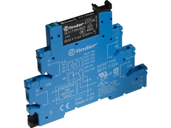 Finder 38.51.0.024.5060 Reläkomponent Nominell spänning: 24 V/DC, 24 V/AC Brytström (max.): 6 A 1 x växelkontakt 1 st