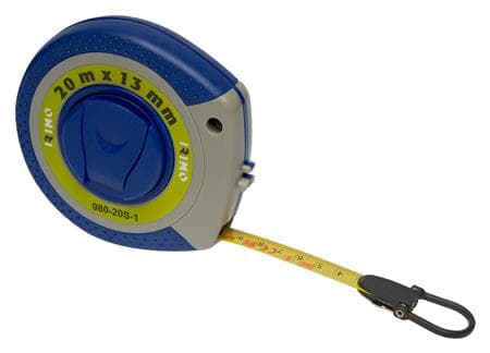 Måttband 20 m x 13 mm i plasthölje med bältesklämma
