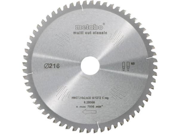 Metabo 628066000, Aluminium, Sponplate, Kopper, Laminat, MDF, Plast, Kryssfiner, Tre, 21,6 cm, 3 cm, Tungsten Carbide Tipped (TCT), 1,8 mm, 7000 RPM