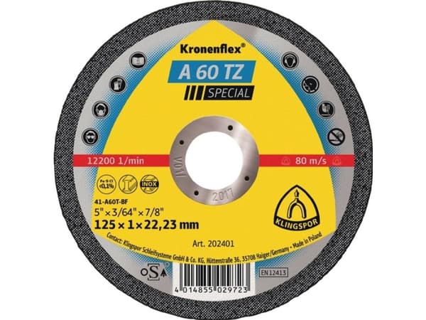 FLEX SHIELD 41 125x1.0x22.2 A 60 TZ SPECIAL KLINGSPOR ( pakkaus - 25 kpl) 202401