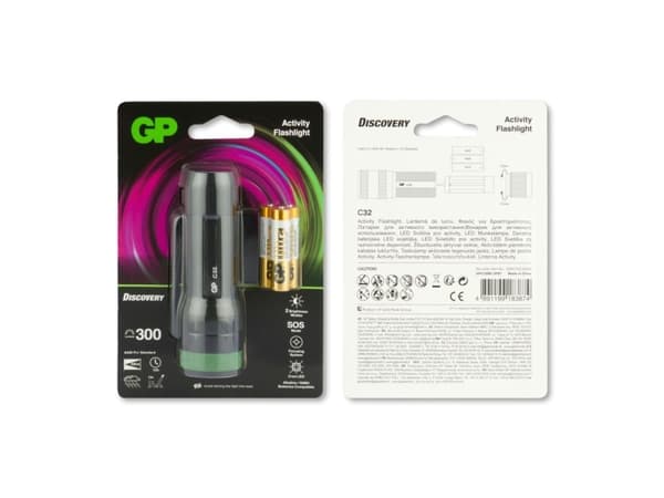 GP Lighting C32, Käsikokoinen taskulamppu, Musta, Vihreä, Alumiini, 1 m, IPX4, LED