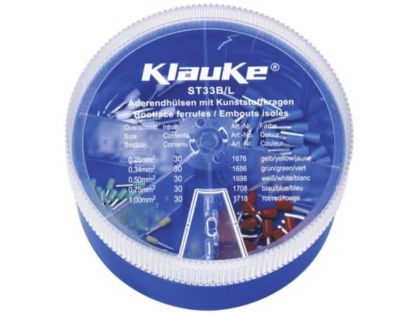 Klauke ST33B Kaapelikengät valikoima 0.25 mm², 0.34 mm², 0.5 mm², 0.75 mm², 1 mm² Keltainen, vihreä, valkoinen, sininen, punainen 150 osaa