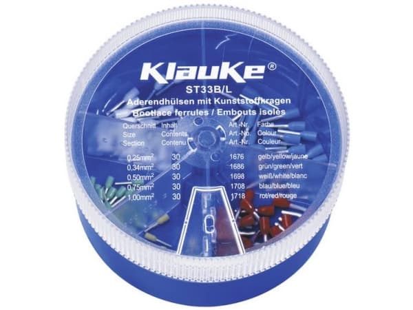 Klauke ST33B Kaapelikengät valikoima 0.25 mm², 0.34 mm², 0.5 mm², 0.75 mm², 1 mm² Keltainen, vihreä, valkoinen, sininen, punainen 150 osaa