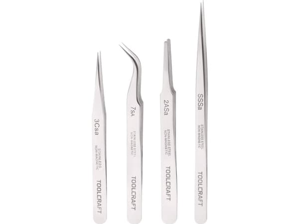 TOOLCRAFT 816747 Pincett set 4 st SS SA, 2a SA, 7 SA, 3c SA Plattrund, Spets, böjd 55°, Spets, Spets, smal