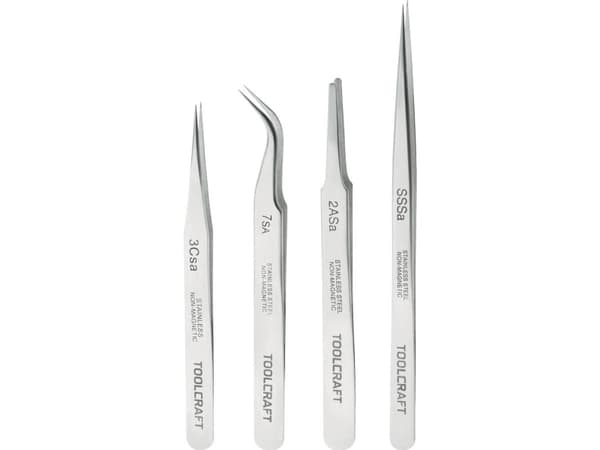 TOOLCRAFT 816747 Pinsettisarja 4 kpl SS SA, 2a SA, 7 SA, 3c SA Litteänpyöreä, Tiivisteen kärki, taivutettu 55°, Kärki, Kärki, ohut