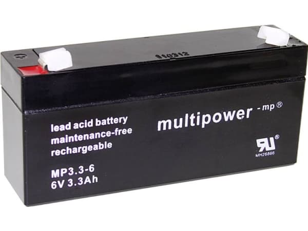multipower PB-6-3,3-4,8 Blybatteri 6 V 3.3 Ah Blyfleece (B x H x T) 134 x 65 x 34 mm Fladstik 4,8 mm Vedligeholdelsesfri, Lav selvafladning