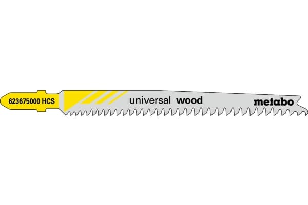 Metabo 623617000, Figursågblad, Spånskiva, Träfiberskiva, Hårt träslag, Mjuka träslag, Plywood med träkärna, Stål med hög kolhalt (HCS), Grå, Gul, 9,