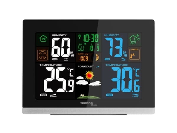Technoline WS 6462, Musta, Kosteusmittari sisäkäyttöön, Lämpömittari sisäkäyttöön, Barometri ulkokäyttöön,..., Kosteusmittari, Lämpömittari, LCD, Akk