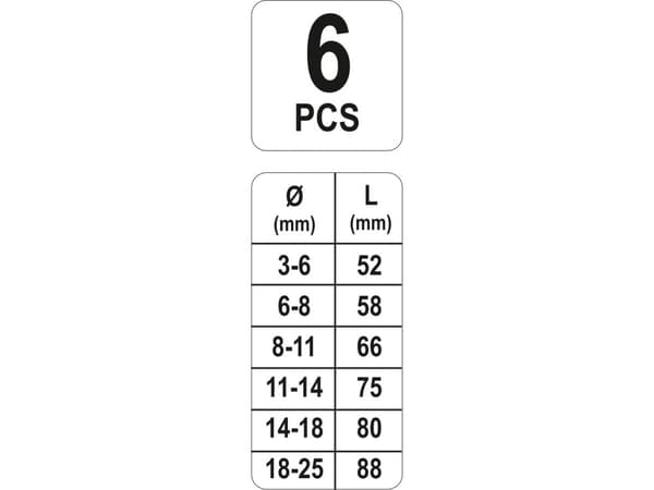 Yato YT-0590, Skruvutdragarset, - Ø3-6mm x 52mm - Ø6-8mm x 58mm - Ø8-11mm x 66mm - Ø11-14mm x 75mm - Ø14-18mm x 80mm -..., Låda, 6 styck